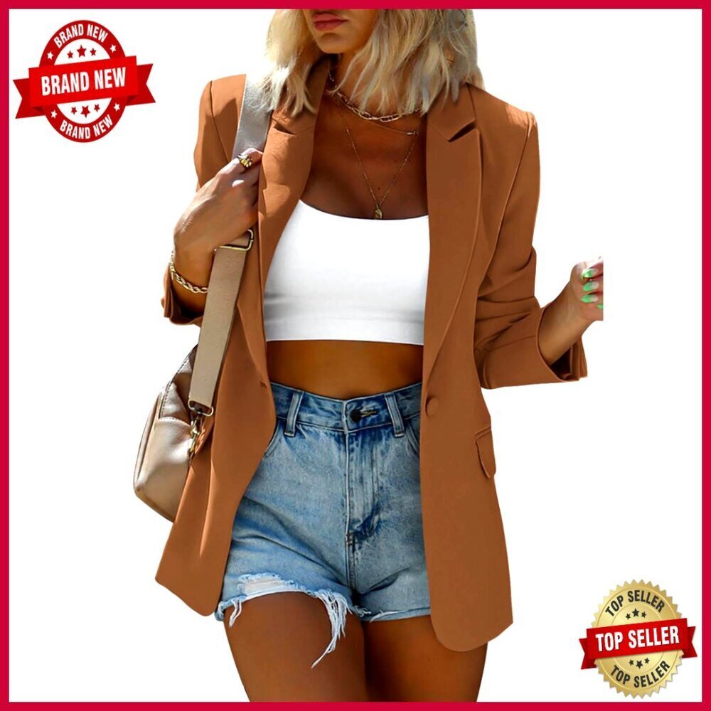 Oversized Blazer with Padded Shoulders, Long Sleeve Button Front Work Jacket